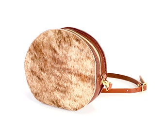 Brown Cowhide Bag ~ Round Leather Bag ~ Canteen style handbag ~ Brown Hair on Hide Cross body ~ Round Brown Leather Shoulder Bag