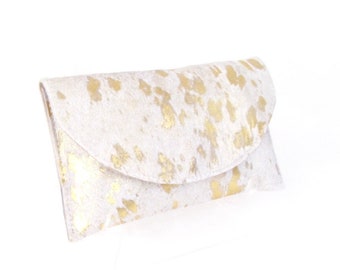 Ivory and Gold Cowhide Clutch - Acid Washed Metallic Clutch ~ Gold Leather Wallet