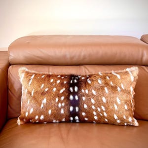 May include: A rectangular decorative pillow with a deer hide pattern. The pillow features a brown and white spotted design with a dark brown stripe down the center. The pillow is placed on a brown leather sofa.