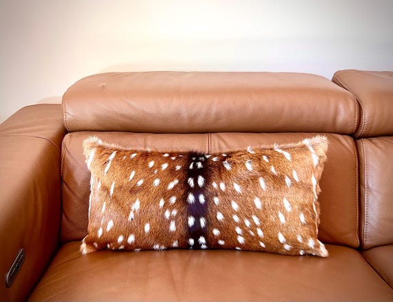 Axis Deer Hide Lumbar Pillow: Brown Cowhide Leather, Man Cave Decor
