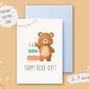 PRINTABLE Kids Birthday Card | Happy Bear-Day with Bear and Cake | Cute Fun Animal Birthday Card | Digital Download