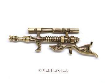 Sci Fi/Steampunk blaster, military style double tac pin, BRASS limited edition of 1000 - FREE SHIPPING