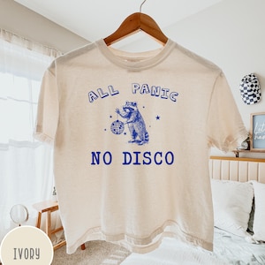 All Panic No Disco Boxy Tee, Funny Raccoon Mental Health Shirt, Comfort Colors Vintage Graphic Tee, Retro Aesthetic Gift for Her