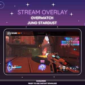 以下が含まれることがあります： 星と「STREAM OVERLAY」、「OVERWATCH」、「JUNO STARDUST」というテキストを含む白い長方形が描かれた、紫とピンクのグラデーションの背景。長方形には、ゲームオーバーウォッチのスクリーンショットが表示され、プレイヤーの視点からのゲームの様子が映し出されています。