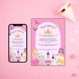 Template d'invitation anniversaire princesse magique |Carte 5x7 In et format électronique 1080x1920 px |Invitation Enchantée à personnaliser
