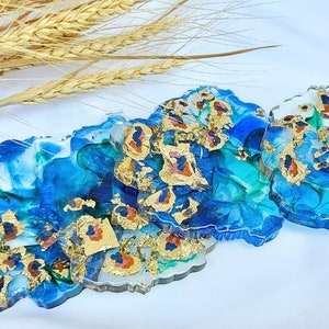 100% Handmade Resin Coaster, Blue Ocean Theme, Unique Home Decor, Resin Coasters with Gold accents, Unique Gift,  Set of 4