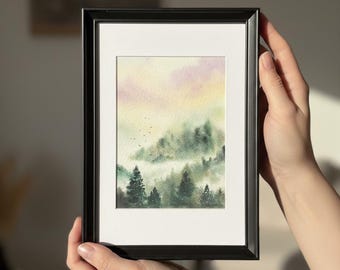 Original Watercolour Painting Mist Forest Landscape Pine Trees Wall Art Hand-painted  Impressionist Interior Home Dorm Office Decor Gift