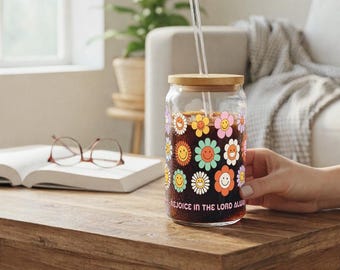 Floral Sipper Glass with Bamboo Lid: 'Pray, Rejoice, Give Thanks' - 16oz