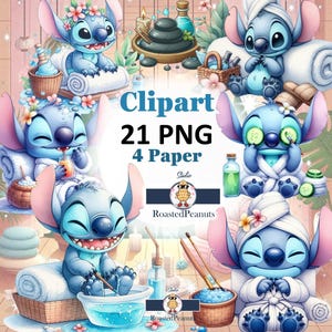 Zestaw clipartów Lilo i Stitch, Stitch Spa PNG, słodki Lilo, Stitch, anioł, sztuka akwarelowa, sztuka brokatowa, ręcznie rysowana sztuka ściegu, dzień urody Stitch