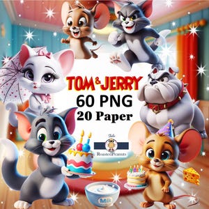 トムとジェリー PNG バンドル、トムとジェリー PNG、誕生日ステッカー PNG、かわいいクリップアート、漫画ベクター、トムとジェリーのキャラクター、クリカットデジタルアート