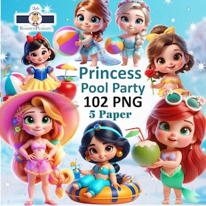 プリンセスディズニーのかわいいプールパーティークリップアートPNG、プリンセスディズニーのプールパーティー、プリンセスの漫画、プリンセスディズニーの赤ちゃん。プリンセスディズニーパーティーPNG