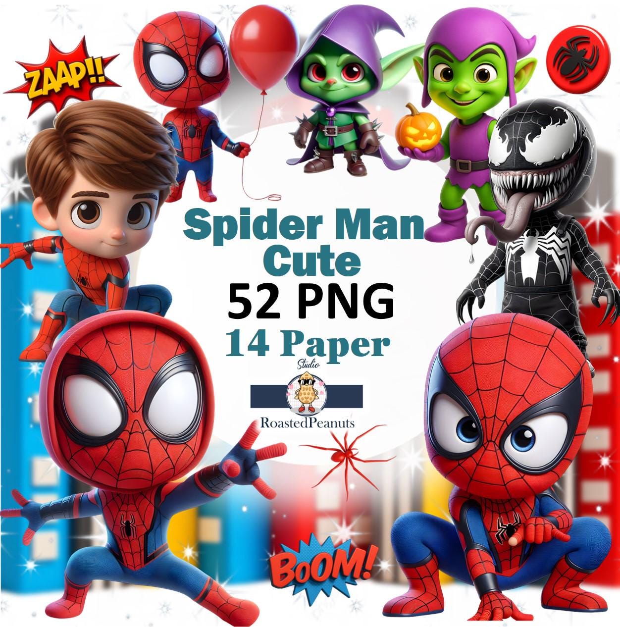 Cute SpiderMan PNG Bundle, Cute Superhero Boys Clipart, Chibi Spiderverse Sublimation, spider kids clipart png Bundle, Spider Man Baby png