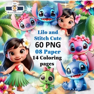 リロ アンド スティッチ クリップアート セット、スティッチ PNG、かわいいリロ、スティッチ、天使、水彩画、グリッター アート、手描きのスティッチ アート、リロ アンド スティッチ PNG