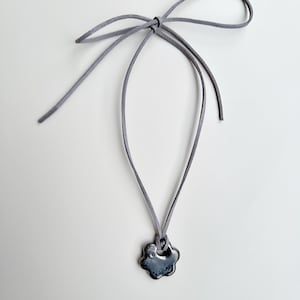 METALLIC | Handmade Dark Ceramic Flower Pendant on Grey Faux Suede Cord