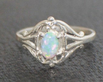 Size 7 Sterling Silver Filigree Opal Ring, October Birthstone