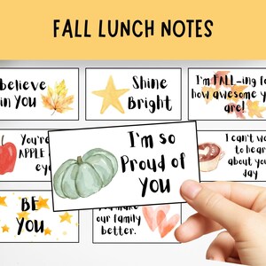 Könnte beinhalten: Eine Sammlung rechteckiger Karten mit der Überschrift FALL LUNCH NOTES, die Aquarellillustrationen von Herbstblättern, einem Stern, einem Apfel, einem Kürbis und einer Kaffeetasse zeigen. Jede Karte enthält motivierende Texte wie I believe in You, Shine Bright, I'm FALL-ing for how awesome you are und I'm so Proud of You.