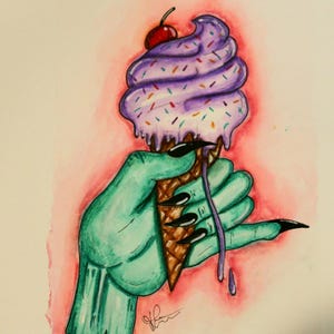 May include: Watercolor illustration of a green hand with long black fingernails holding an ice cream cone. The ice cream is purple with sprinkles and a cherry on top. The cone is brown, and the background is pink.