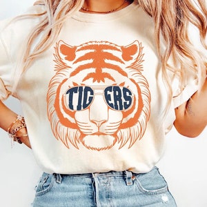 Maglietta retrò blu e arancione Tigers, girocollo Tigers, abbigliamento da gioco di baseball Tigers, maglietta mascotte Tigers