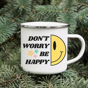 Don&#39;t Worry Be Happy, Flower Smiley Face Mug, Smiley Face Mug, Flower Mug, Smiley Mug, Happy Face Mug, Silver Rim