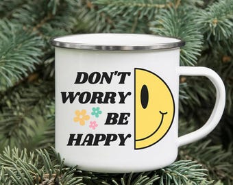 Don't Worry Be Happy, Flower Smiley Face Mug, Smiley Face Mug, Flower Mug, Smiley Mug, Happy Face Mug, Silver Rim
