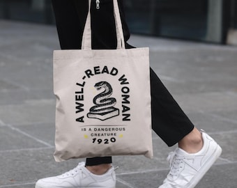 Well Read Woman Tote, Bookish Tote, Book Tote Bag, Snake Librarian Tote Bag, Reading Tote Bag, Gift For Book Lover, Cotton Tote