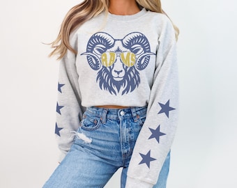 Rams Sweatshirt, Star Sleeve Crewneck, Vintage Rams Mascot Sweater, Rams Game Day Pullover, Retro Sunglasses Ram Sweatshirt