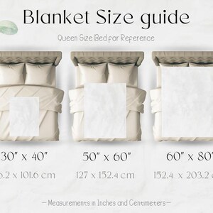 K&ouml;nnte beinhalten: Ein visueller Leitfaden f&uuml;r Deckengr&ouml;&szlig;en, der drei verschiedene Gr&ouml;&szlig;en von Decken zeigt, die auf einem Queensize-Bett ausgelegt sind. Die Gr&ouml;&szlig;en sind 30" x 40", 50" x 60" und 60" x 80", mit den entsprechenden Ma&szlig;en in Zentimetern unter jeder Gr&ouml;&szlig;e.