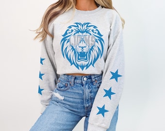 Lions Sweatshirt, Star Sleeve Crewneck, Vintage Lions Mascot Sweater, Lions Game Day Pullover, Retro Sunglasses Lion Sweatshirt