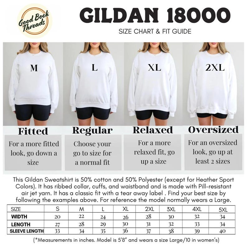 Pode incluir: Tabela de tamanhos para sweatshirts Gildan 18000, mostrando diferentes op&ccedil;&otilde;es de caimento: ajustado, regular, folgado e oversized. A tabela inclui medidas em polegadas para largura, comprimento e comprimento da manga para os tamanhos S a 5XL.
