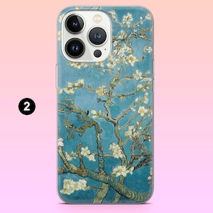 May include: A clear phone case with a painting of a blooming almond tree with white flowers against a blue sky. The painting is in the style of Vincent van Gogh.