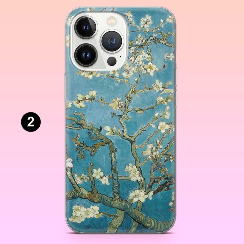 May include: A clear phone case with a painting of a blooming almond tree with white flowers against a blue sky. The painting is in the style of Vincent van Gogh.