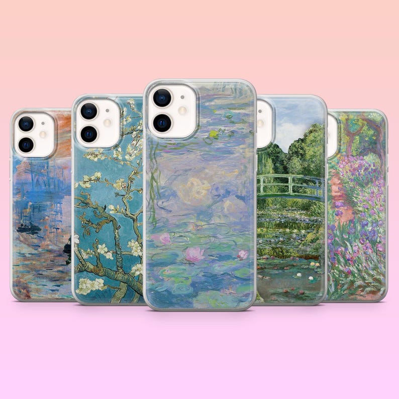 May include: Five different phone cases with various artistic designs. The cases are clear and show the designs through the plastic. The designs include a blue and white water lily pond, a blue and white starry night, a white blossom tree, a green bridge over a pond, and a purple and green floral design.