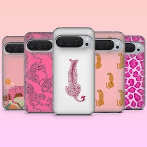 May include: A collection of phone cases with various leopard print designs. The cases feature pink, white, and orange backgrounds with black and pink leopard spots. One case has a leopard illustration.