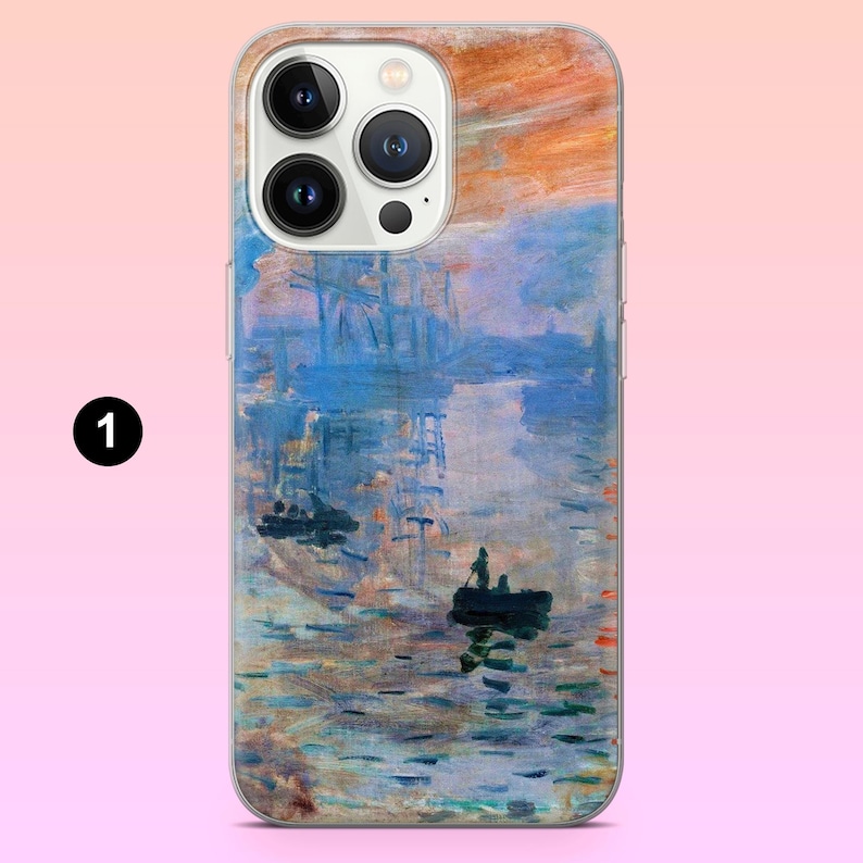 May include: A phone case with a painting of a foggy harbor scene with boats and a sunset in the background. The case is white with a camera lens cutout.