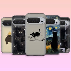 Kawaii kat telefoonhoesje Cute Kitty zwarte kat hoes voor Google Pixel 10, 10Pro, 9A, 9, 8, 7, 6A, Samsung S25, S24, S23, S22, A16, iPhone 17, 16