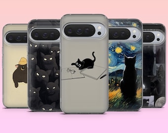 かわいい猫の携帯電話ケース、キュートな黒猫のカバー、Google Pixel 10、10Pro、9A、9、8、7、6A、Samsung S25、S24、S23、S22、A16、iPhone 17、16用