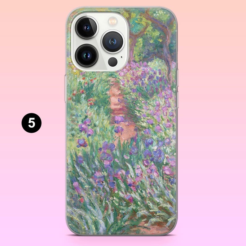 May include: A phone case with a painting of a garden path lined with purple irises. The case is clear and shows the phone's camera lenses.