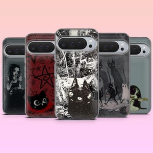 May include: A selection of phone cases with gothic and Halloween designs. The cases showcase illustrations of a woman, cats, stars, and other spooky imagery in black, white, and red. The cases are set against a pink backdrop.