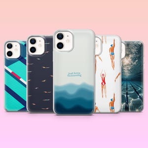 May include: A collection of five phone cases with various designs. One case has a teal and red geometric pattern, another features swimming figures, and a third has the text "Just keep swimming" over a blue wave design. The other two cases have swimming figures and an underwater pool scene.