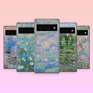 May include: Five different phone cases with various famous paintings printed on them. The cases are all black and have a clear plastic back. The paintings include a water lily pond, a bridge over a river, a field of flowers, and a starry night.
