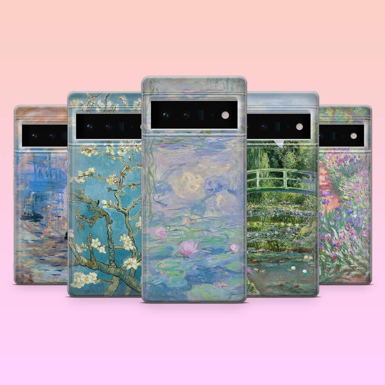 May include: Five different phone cases with various famous paintings printed on them. The cases are all black and have a clear plastic back. The paintings include a water lily pond, a bridge over a river, a field of flowers, and a starry night.