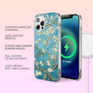 May include: A clear phone case with a blue and white floral design. The case is compatible with wireless charging and has a raised bumper to protect the screen and camera.