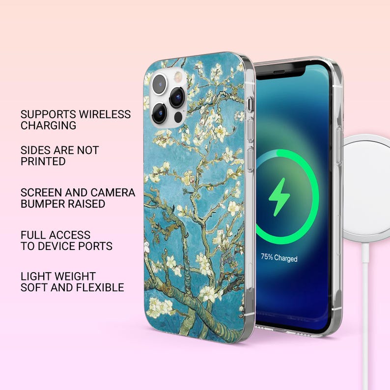 May include: A clear phone case with a blue and white floral design. The case is compatible with wireless charging and has a raised bumper to protect the screen and camera.