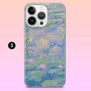 May include: A clear phone case with a painting of water lilies and a blue and green background. The case has a cutout for the phone's camera.