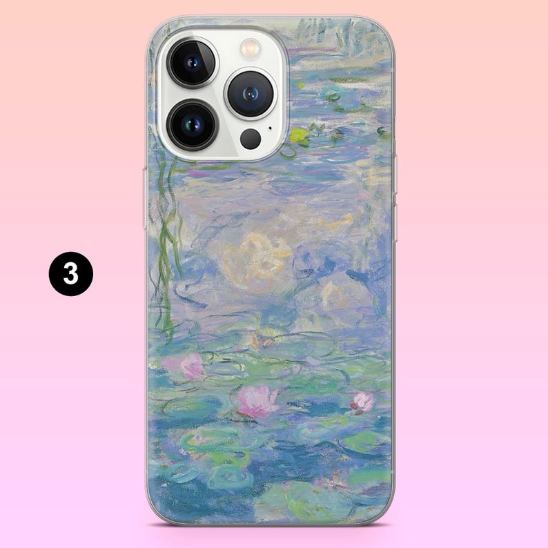 May include: A clear phone case with a painting of water lilies and a blue and green background. The case has a cutout for the phone's camera.