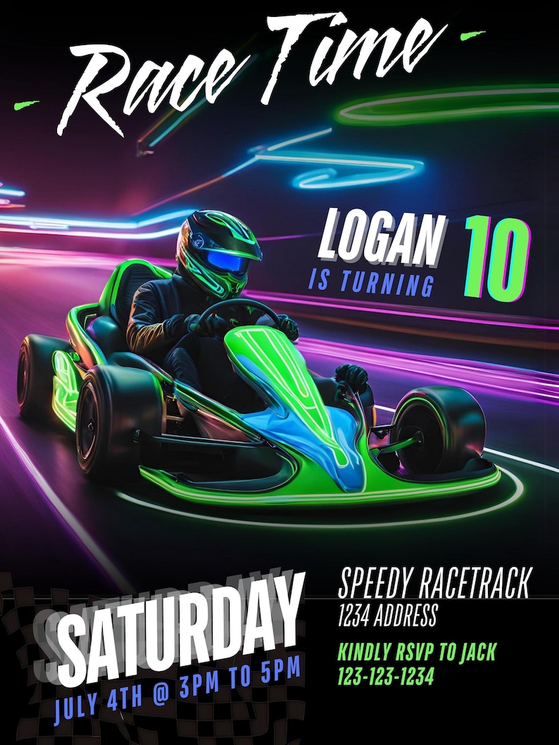 Go-Kart birthday party digital invitation. Black background with neon coloured green go-kart driver and black and white checkered race flag.