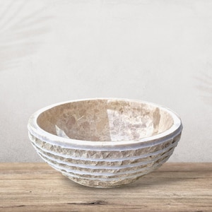 Beige Chiseled Marble Vessel Sink, Bathroom Countertop Sink, Rustic Vanity WashBasin, Natural Stone Bathroom Vessel Sink, Marble Vanity Sink