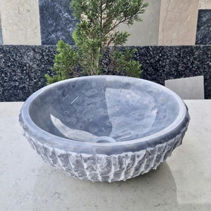 Grey Marble Sink, Marble Vessel Sink, Round Chiseled Sink, Bathroom Countertop Sink, Unique Natural Stone Vessel Sink, Bathroom Decor Basin