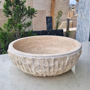 Unique Travertine Bathroom Countertop Sink, Round Chiseled Natural Stone Basin, Luxury Travertine Vessel Sink, Beige Vanity Vessel Sink