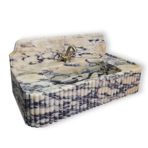 Calacatta Viola Marble Sink, Bathroom Sink with Backsplash, Modern Powder Room Marble Wall Mounted Sink, Ribbed Natural Stone Vanity Basin